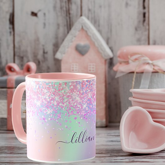 Roze paarse glitterstofholografisch naamscript mok
