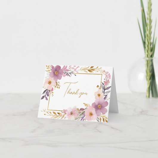 Roze Paarse Gouden Bloemen Waterverf Vrijgezellenf Bedankkaart (Voorkant)