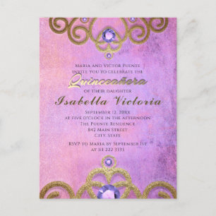 Roze Paarse Gouden Gitter Gejuweelde Tiara Quincea Briefkaart