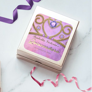 Roze Paarse Gouden Glitter met juwelen Tiara Quinc Vierkante Sticker