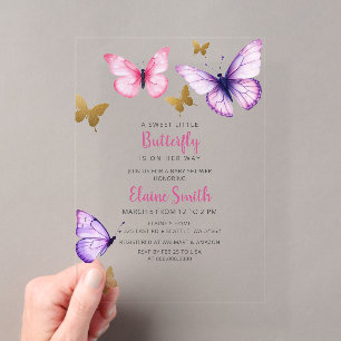 Roze Paarse Gouden Vlinder Baby Shower Acryl Uitnodigingen