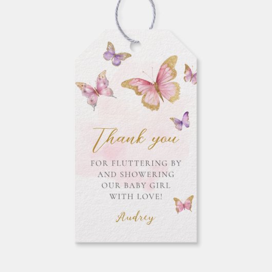 Roze Paarse Gouden Vlinder Meisje Baby shower Cadeaulabel (Achterkant)