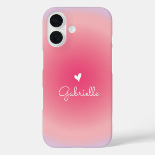 Roze Paarse Gradient Heart Minimal Script Naam iPhone 16 Hoesje