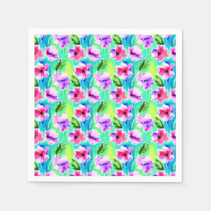 Roze, paarse, groene en blauwe waterverf bloemen servet