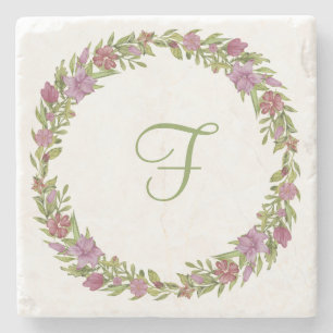 Roze Paarse Groene Floral Monogram Initiaal Stenen Onderzetter