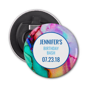 Roze Paarse Groene Marmer Abstracte Waterverf Button Flesopener