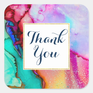 Roze Paarse Groene Marmer Abstracte Waterverf Vierkante Sticker