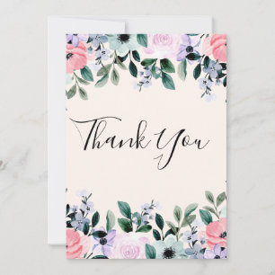 Roze Paarse groene Waterverf Floral Border Bedankkaart