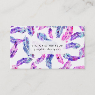 Roze paarse handbeschilderde waterverf boho veren visitekaartje