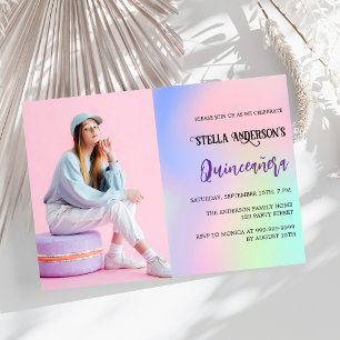 Roze paarse holografische foto luxe Quinceanera Kaart