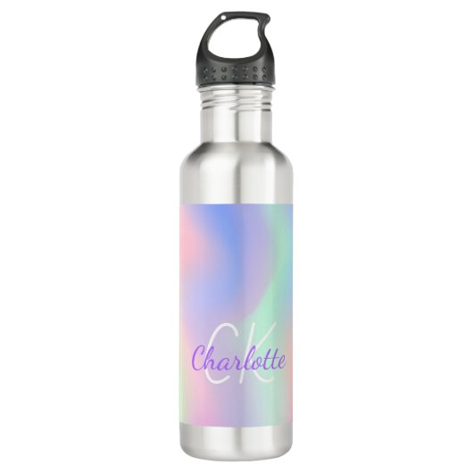 Roze paarse holografische monogram script waterfles  (Voorkant)
