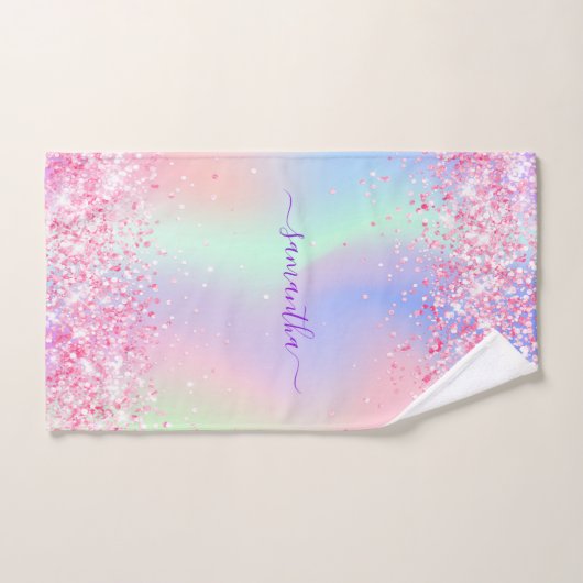 Roze paarse holografische naam meisje bad handdoek (Handdoek)