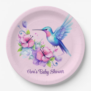Roze & Paarse Hummingbird Floral Girl Baby shower Papieren Bordje