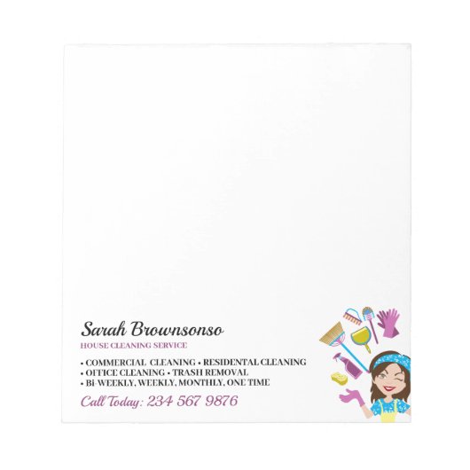 Roze Paarse Janitorial Merken Schoonmaak Notitieblok (Voorkant)