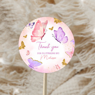 Roze Paarse kleine vlinder verjaardagsfeestje Ronde Sticker