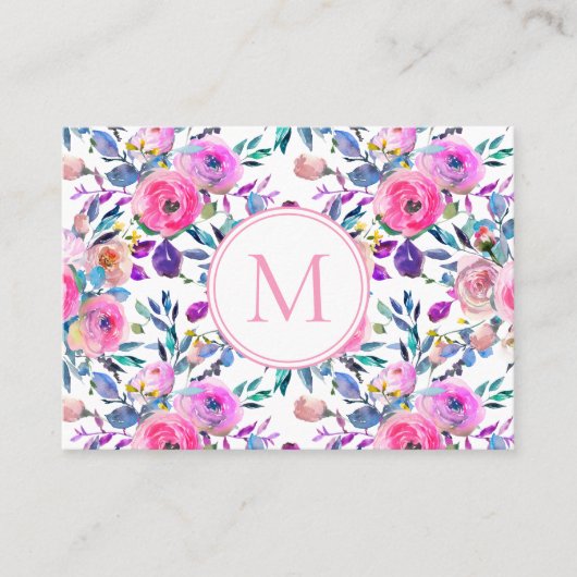 Roze Paarse Monogram Waterverf Bloemen Visitekaartje (Voorkant)