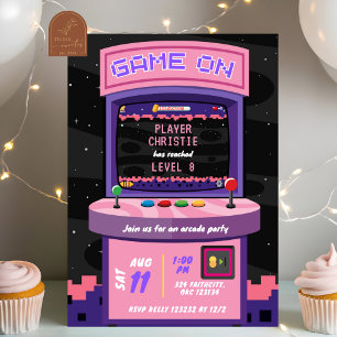 Roze Paarse Neon Arcade Game Girl Verjaardag Kaart