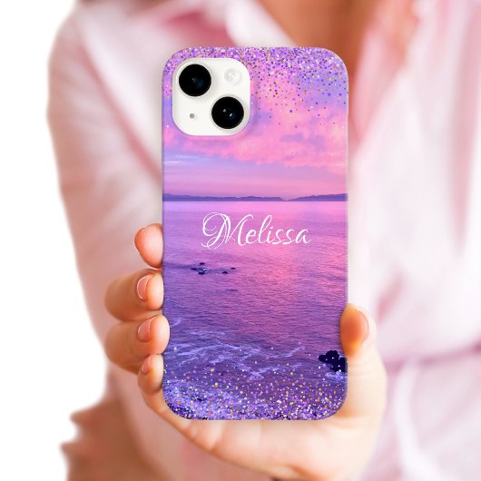 Roze Paarse Ocean Sunset Girly Glam Confetti Naam Case-Mate iPhone Case