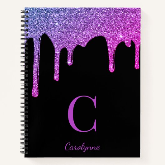 Roze Paarse ombre Sparkle Glitter Drift Monogram Notitieboek (Voorkant)