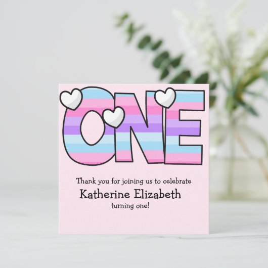 Roze Paarse Ombre Strepen Harten Eerste Verjaardag Bedankkaart (Staand voorkant)