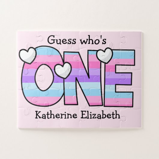 Roze Paarse Ombre Strepen Harten Eerste Verjaardag Legpuzzel (Horizontaal)