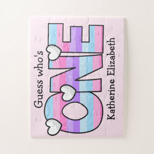 Roze Paarse Ombre Strepen Harten Eerste Verjaardag Legpuzzel