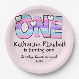 Roze Paarse Ombre Strepen Harten Eerste Verjaardag Papieren Bordje