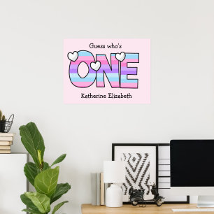 Roze Paarse Ombre Strepen Harten Eerste Verjaardag Poster
