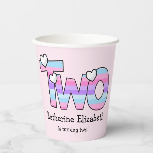 Roze Paarse Ombre Strepen Harten Tweede Verjaardag Papieren Bekers (Voorkant)