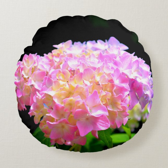 Roze paarse oranje hydrangeas rond kussen (Voorkant)