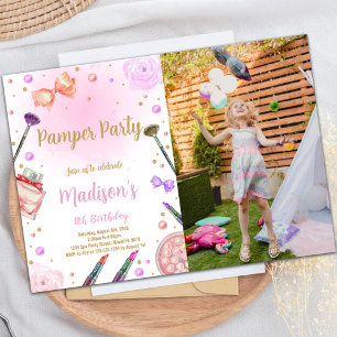 Roze Paarse Pamper Party Birthday Invitation phot Kaart
