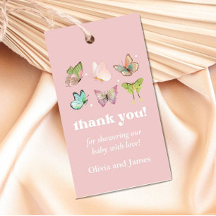 Roze Paarse Pastel Butterfly Girl Baby shower Cadeaulabel