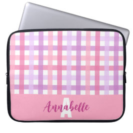 Roze Paarse pastel gingham patroonmonogram Laptop Sleeve