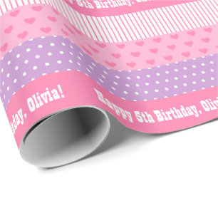 Roze Paarse poka Dots Stripes Hearts Patroon Cadeaupapier