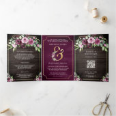 Roze Paarse Pruim Bloemen Ampersand Wood QR Bruilo Drieluik Uitnodiging (Binnen)