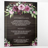 Roze Paarse Pruim Bloemen Ampersand Wood QR Bruilo Drieluik Uitnodiging (Binnenzijde eerst)