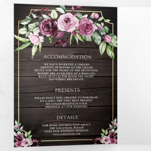 Roze Paarse Pruim Bloemen Ampersand Wood QR Bruilo Drieluik Uitnodiging (Binnenzijde eerst)