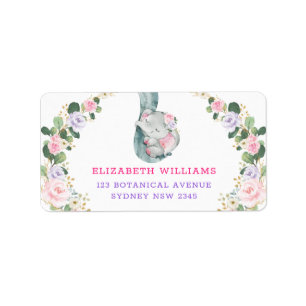 Roze Paarse Rozen Greenery Slaapend Baby olifant Etiket