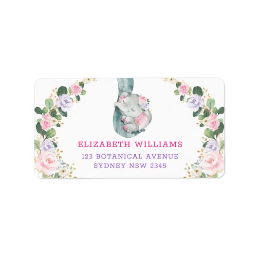 Roze Paarse Rozen Greenery Slaapend Baby olifant Etiket (Voorkant)