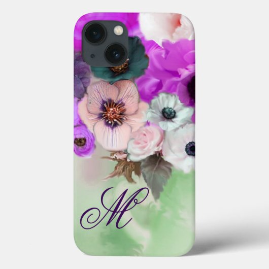 ROZE PAARSE ROZEN, WITTE ANEMONEBLOEMEN MONOGRAM Case-Mate iPhone CASE (Achterkant)