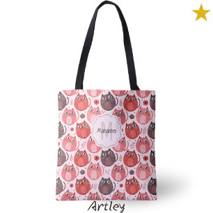 Roze Paarse Schattigee Vetkatten Naam Monogram Draagtas