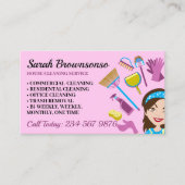 Roze Paarse Schoonmaakster Cartoon Huis Schoonmake Visitekaartje (Voorkant)