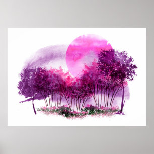 roze, paarse silhouet van bomen tegen de achtergro poster