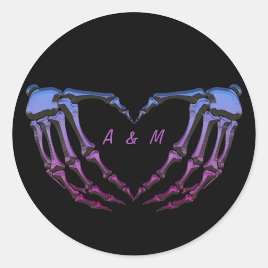 Roze Paarse Skelet Gotische Handen Liefde Hart Vor Ronde Sticker (Voorkant)