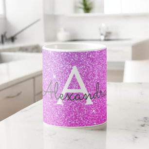 Roze Paarse Sparkle Glitter Monogram Naam Initiaal Koffiemok