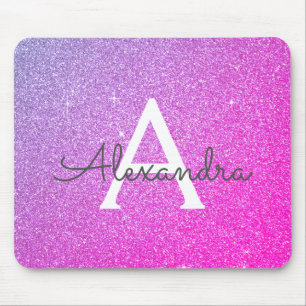 Roze Paarse Sparkle Glitter Monogram Name Mousepad Muismat