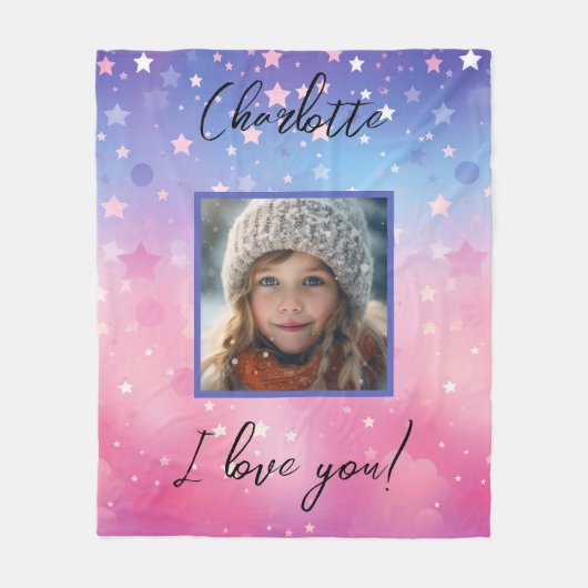 Roze Paarse Sterren Aangepaste Foto en Naam Quote Fleece Deken (Voorkant)