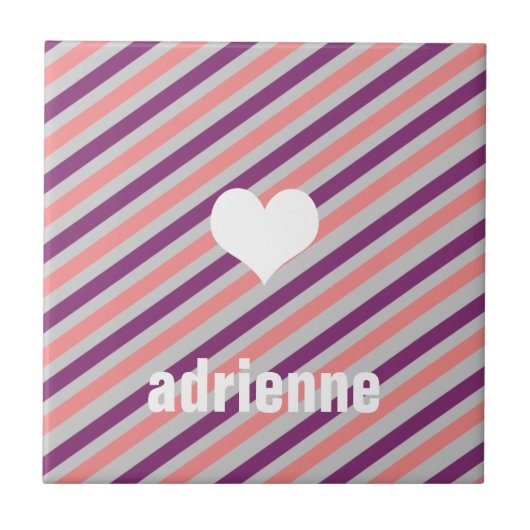 Roze paarse strepen hart moderne display tegel tegeltje (Voorkant)