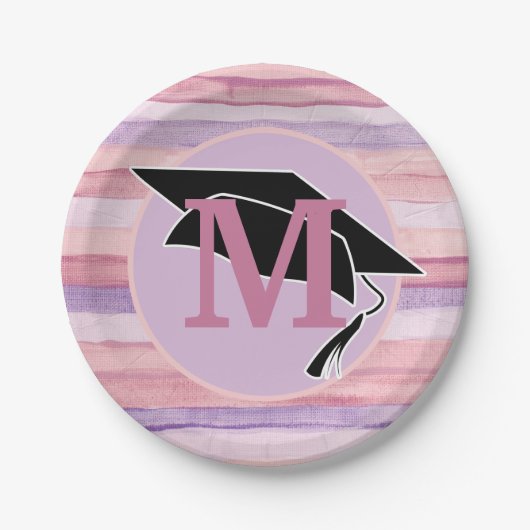 Roze Paarse striped Gradup Cap Monogram Papieren Bordje (Voorkant)
