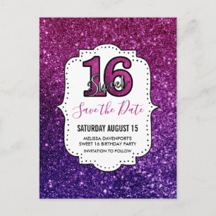 Roze & Paarse Sweet 16 Sparkling Save the Date Briefkaart